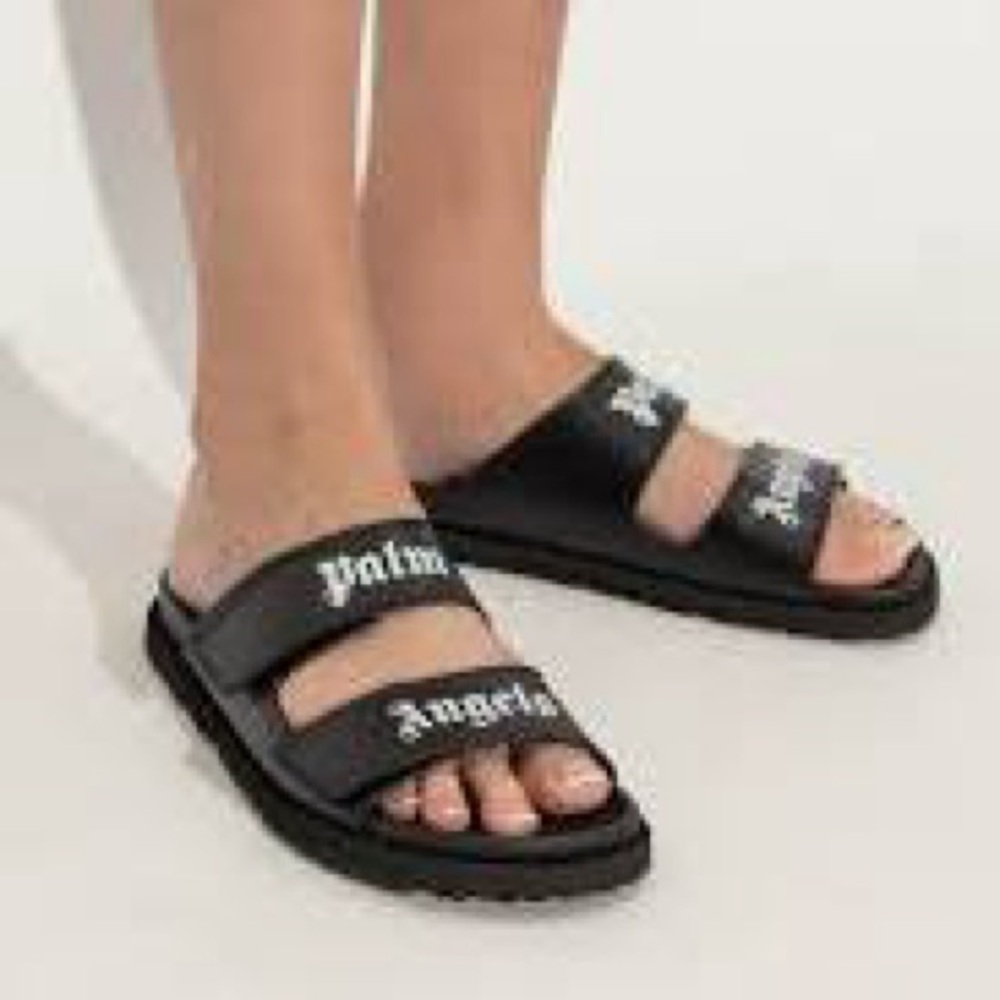 PALM ANGELS Double Strap Leather Slide Sandals Black White Logo + Box & Dust Bag - Picture 2 of 14